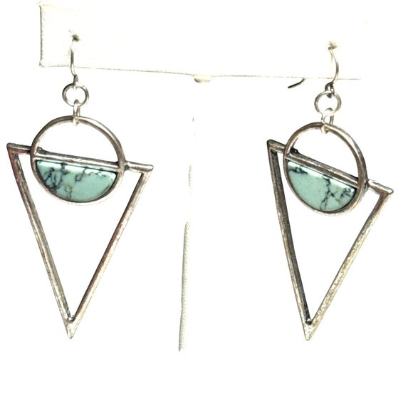 Geometric Turquoise Dangle Earrings Silver Triangle Drop Boho Statement Jewelry - Picture 1 of 6